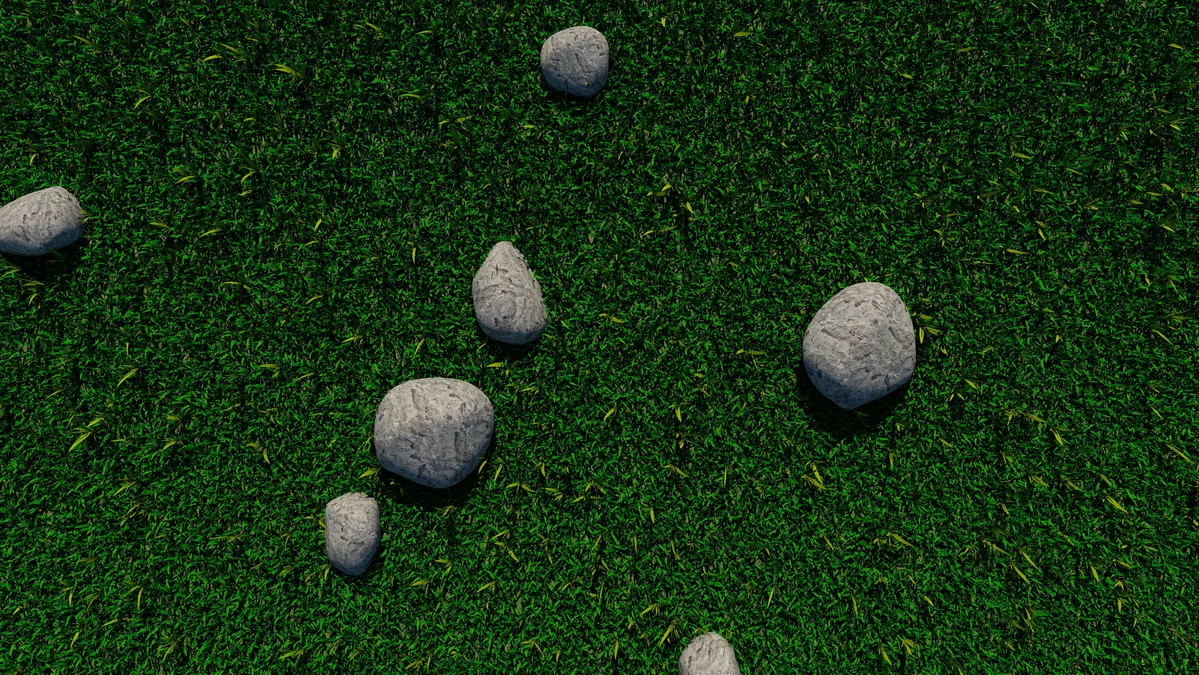 Scattered Grey Stones on Fresh Green Grass Field Texture (3D Render / Stock Photo)