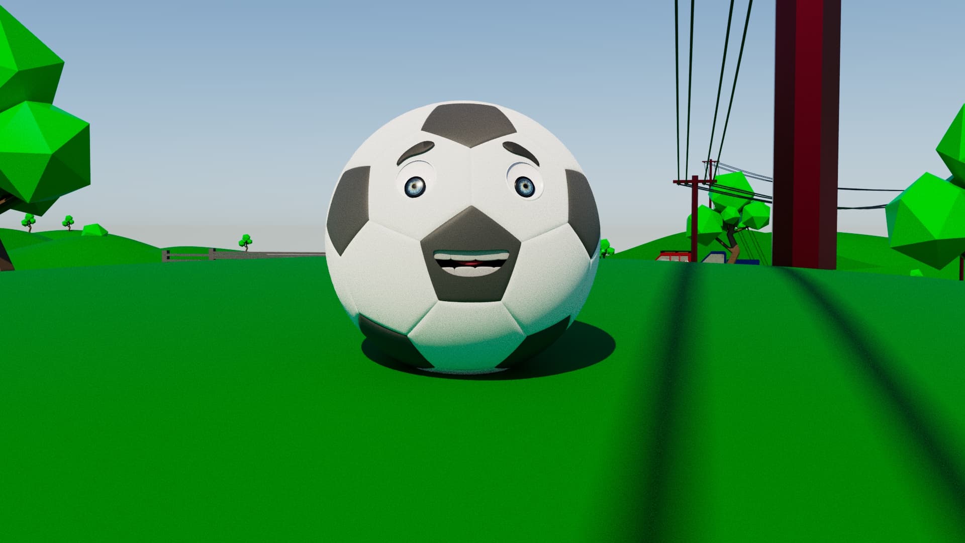 3D Animated Soccer Ball Character with Expressive Face in Low Poly Park Environment