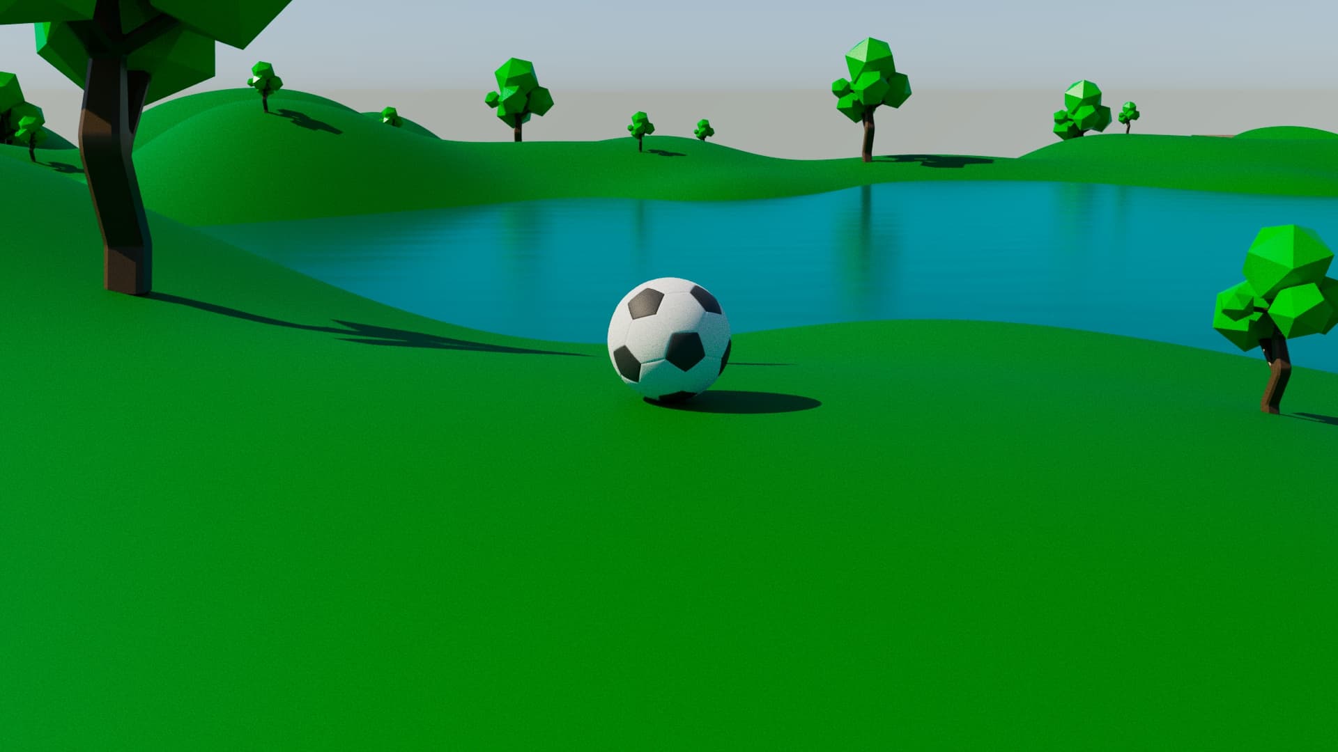 Low Poly Soccer Ball on Green Hillside Lake Landscape (3D Render)