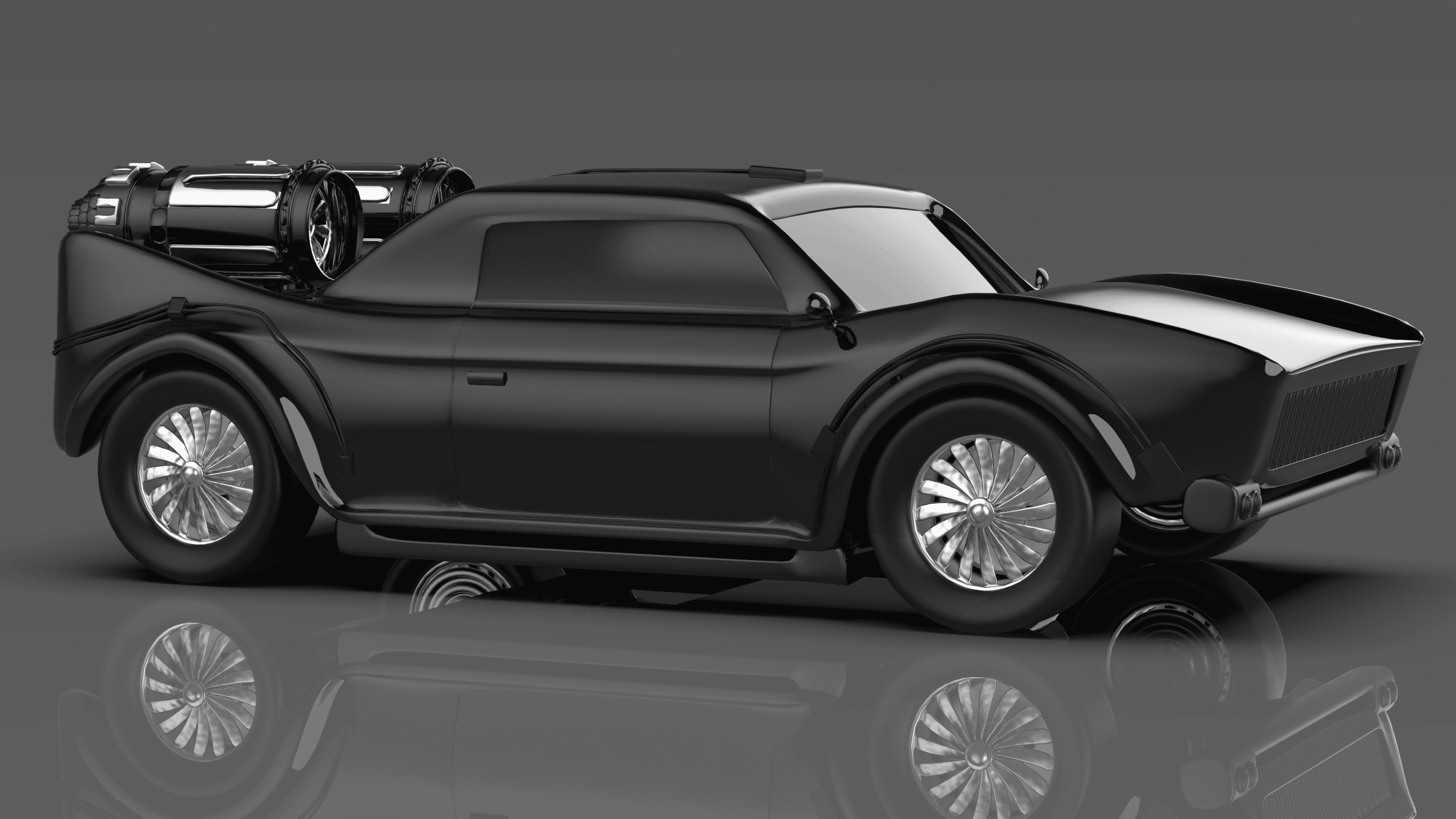 Futuristic Matte Black Concept Car with Rear Jet Engines 3D Render
