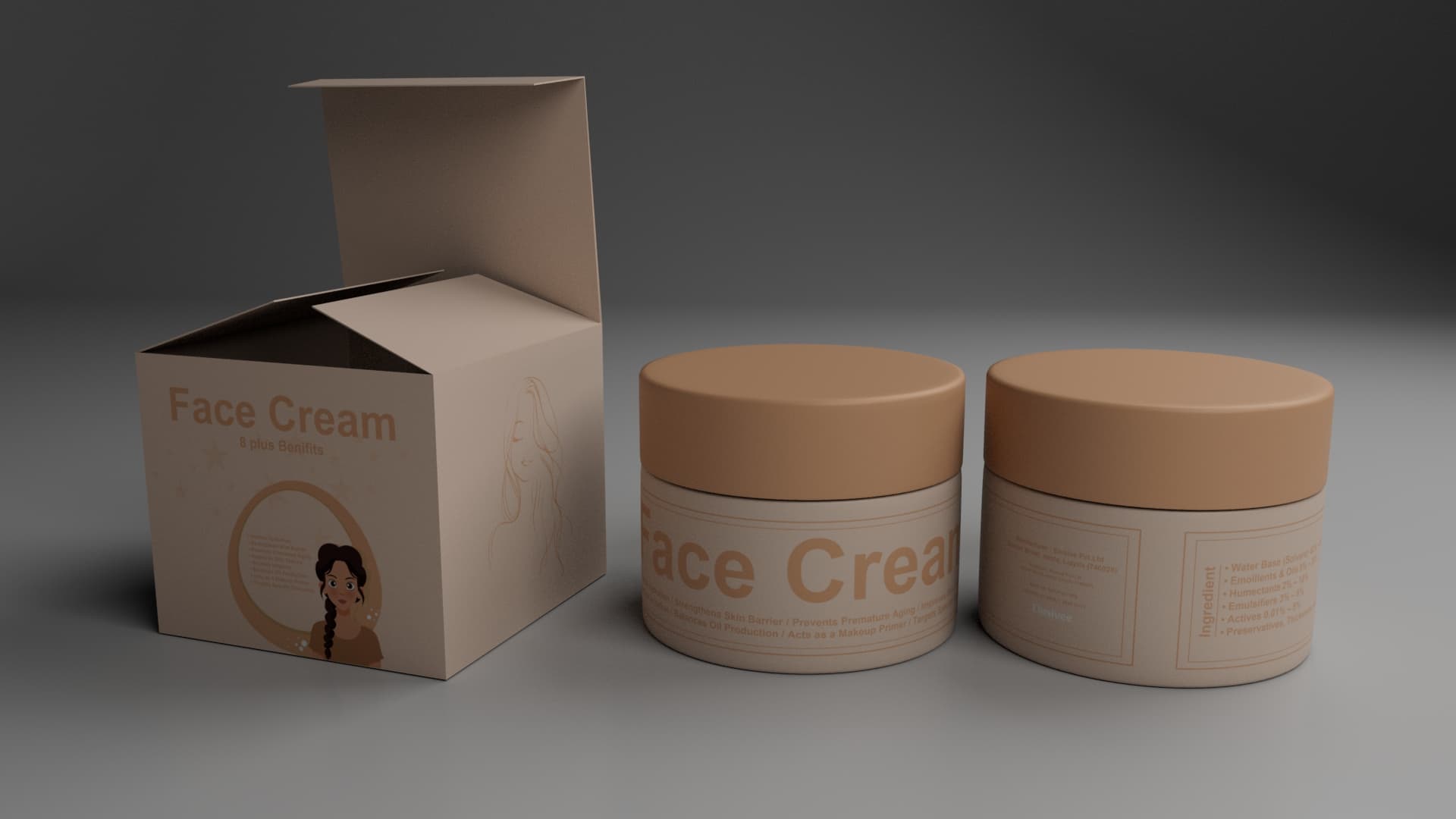 Minimalist Cosmetic Face Cream Jars and Packaging Box 3D Product Mockup Render