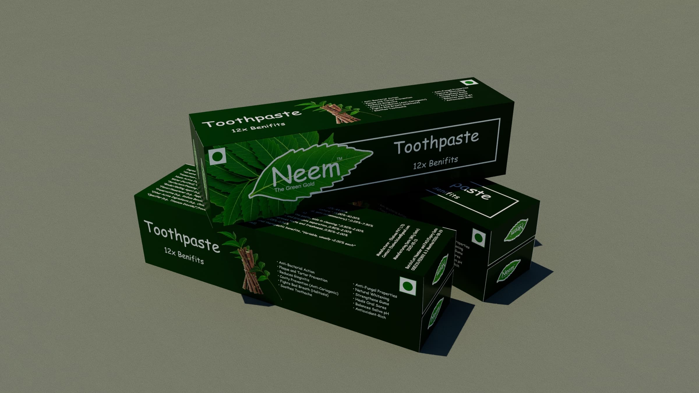 Herbal Neem Toothpaste Packaging Box Stack 3D Product Mockup Render