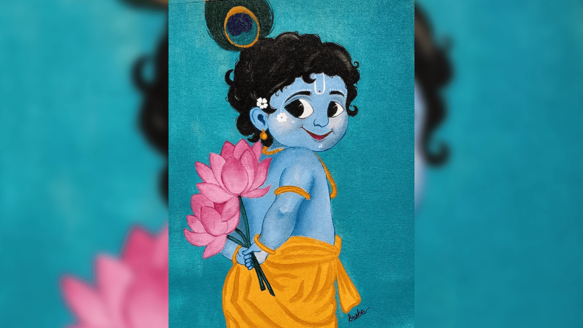 Original Bal Krishna Acrylic Painting with Pink Lotuses - Hand-Painted Hindu Spiritual Art