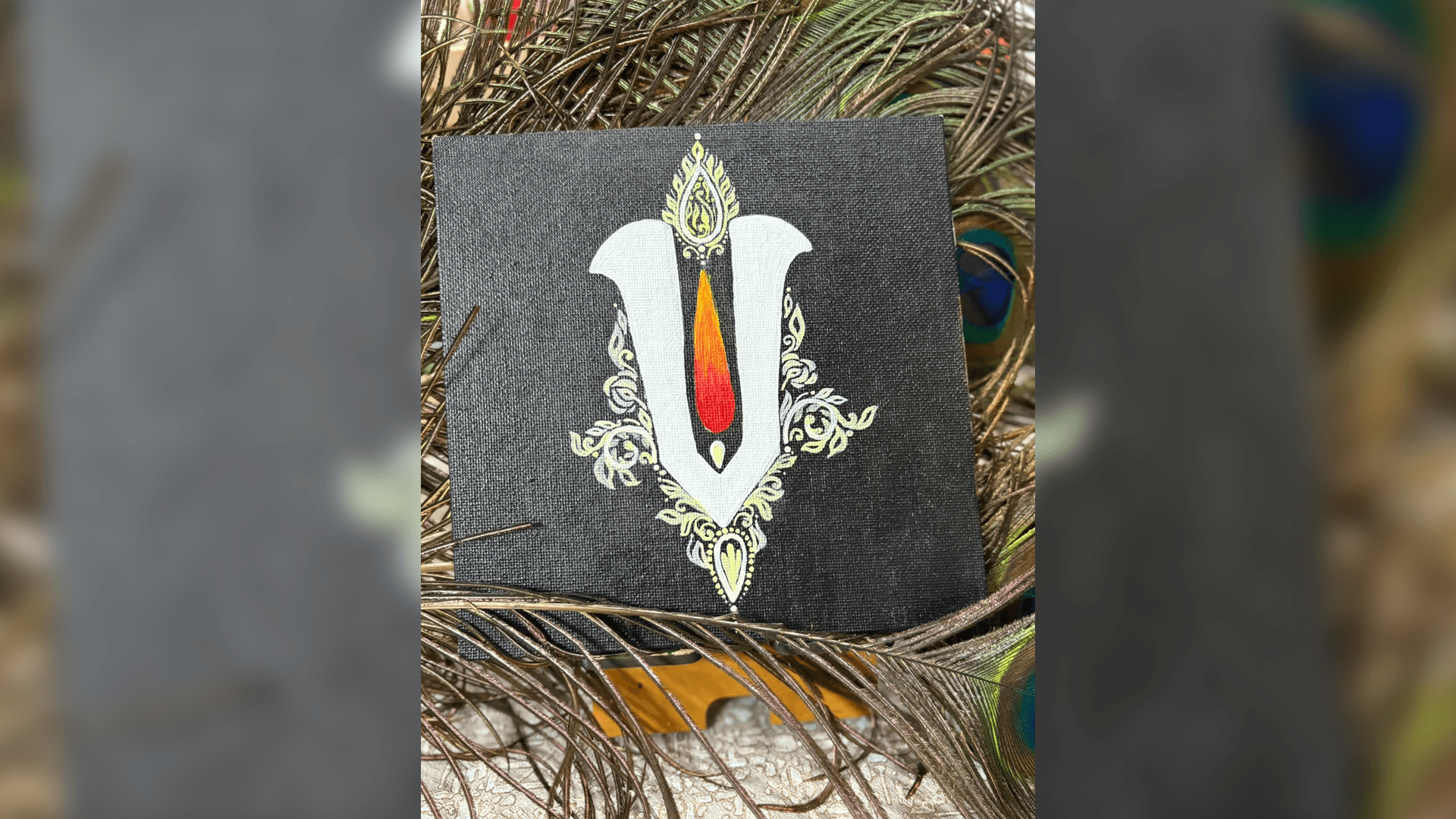 Original Vaishnava Tilak Acrylic Painting on Black Canvas - Minimalist Sacred Art