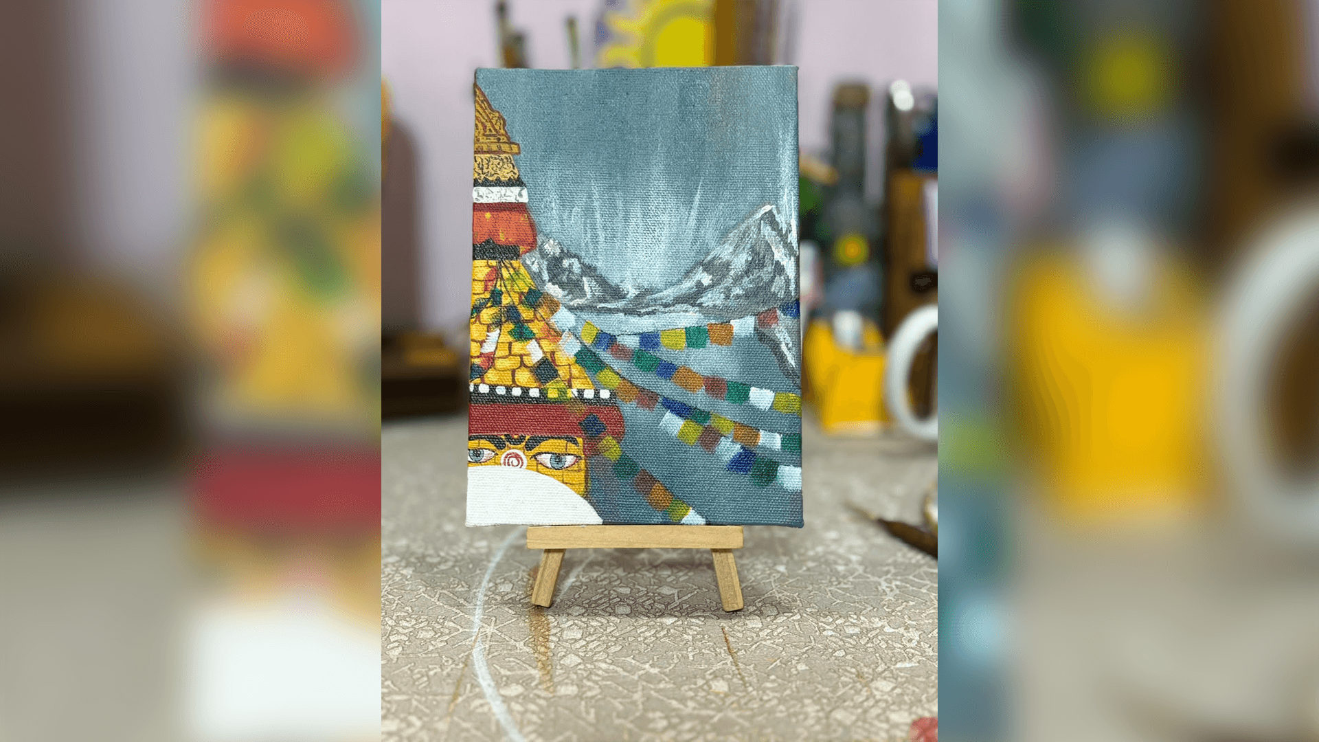 Original Boudhanath Stupa Acrylic Painting - Nepalese Himalayan Stupa Landscape Art