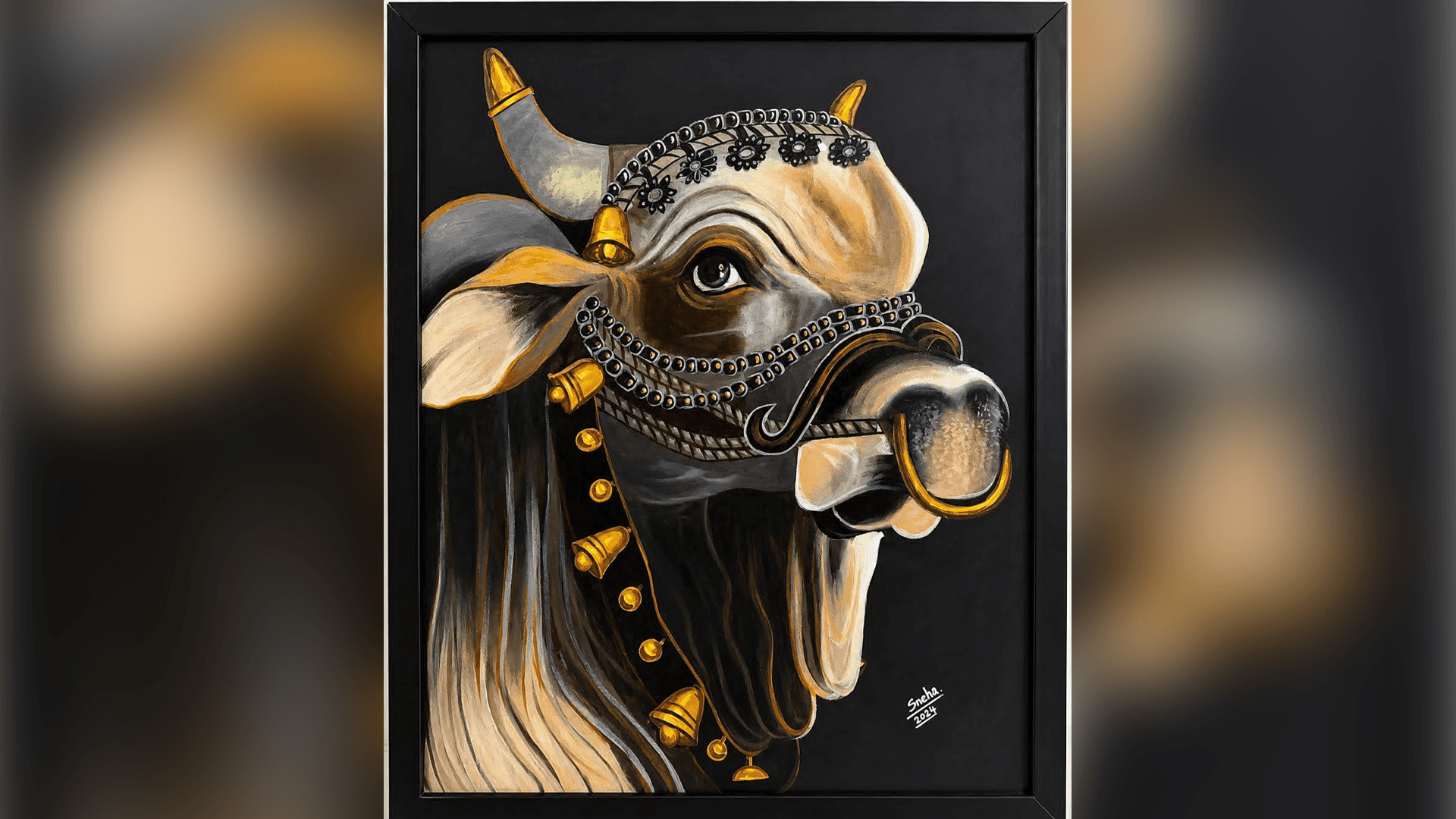 Original Majestic Bull Acrylic Painting - Framed Traditional Indian Heritage Art