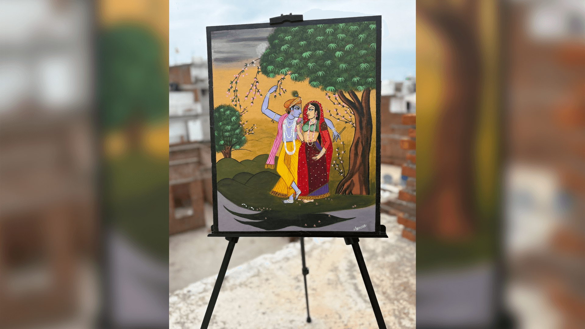Original Traditional Radha Krishna Miniature Acrylic Painting - Indian Folk Fine Art
