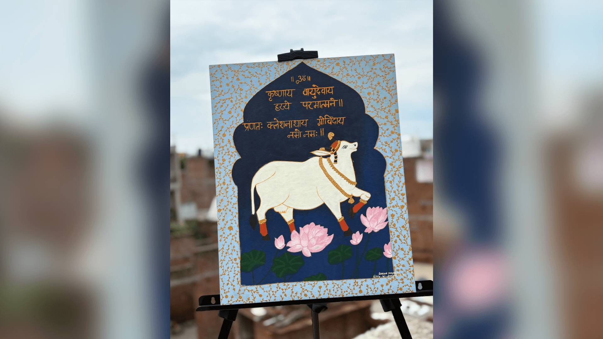 Original Pichwai Style Sacred Cow Acrylic Painting with Sanskrit Shloka & Lotuses